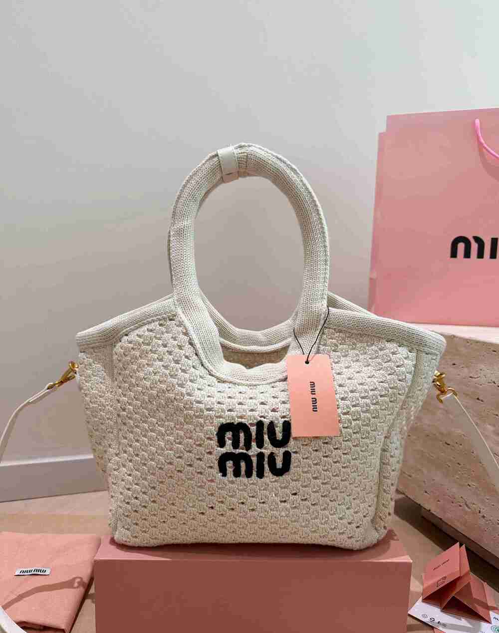 Miu Miu Knit Mesh Top Handle Crossbody Tote Bag